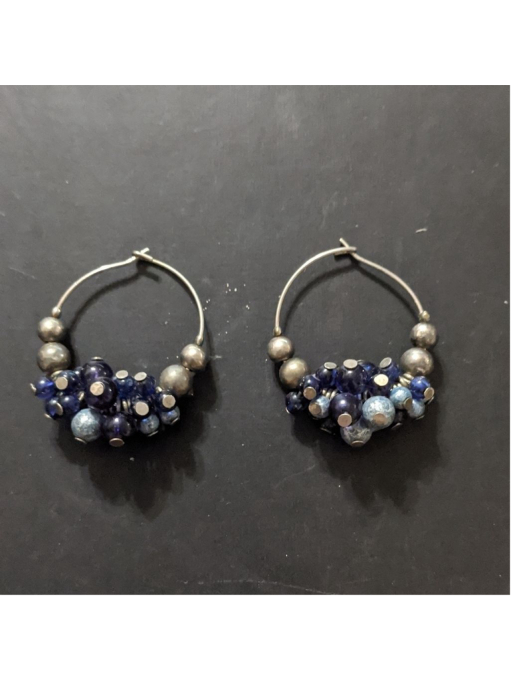 Silver Tone Blue Beaded Hoop Statement Earrings